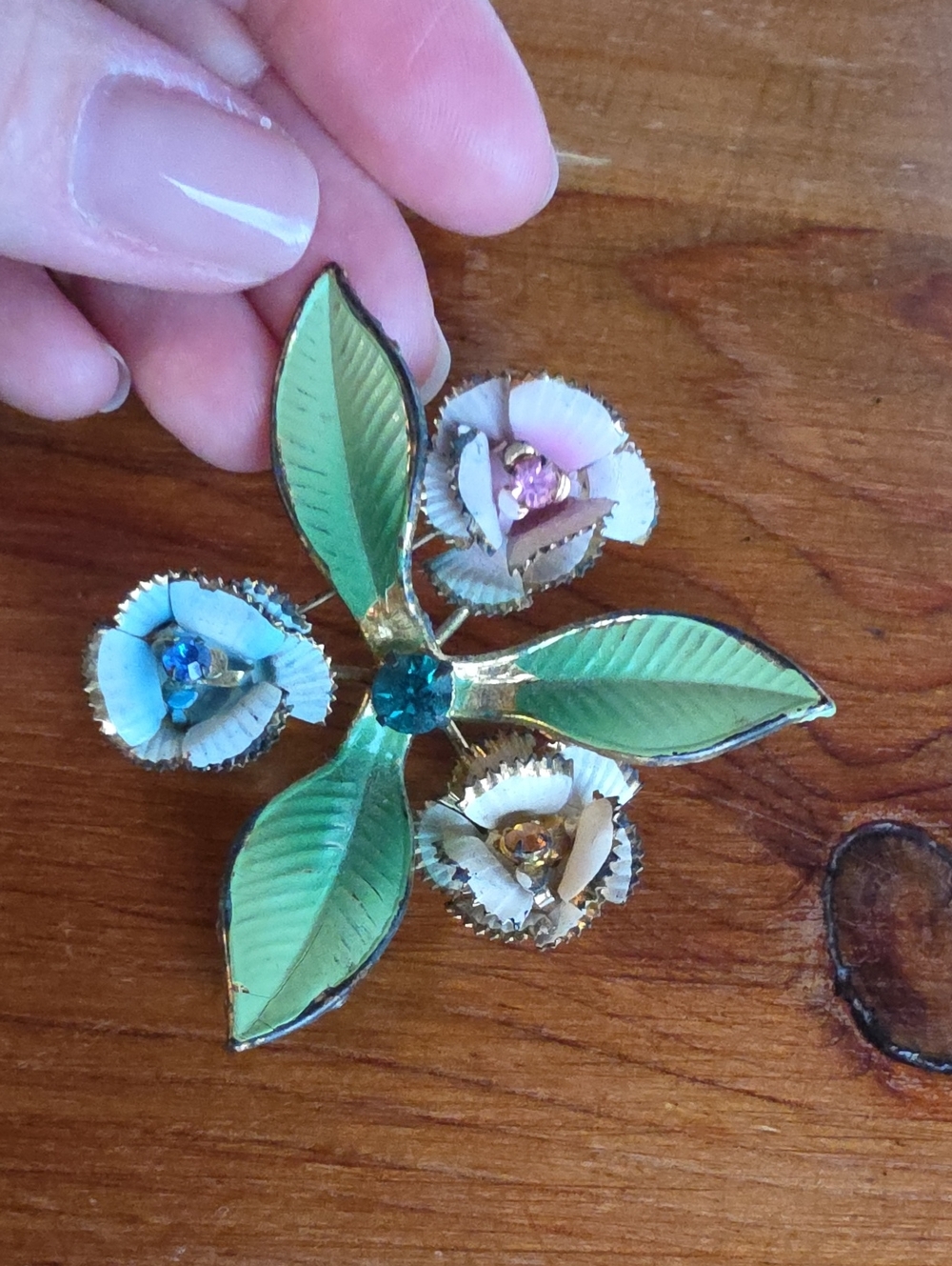 Vintage Austria Triple Rhinestone Rose Pin Brooch Enamel